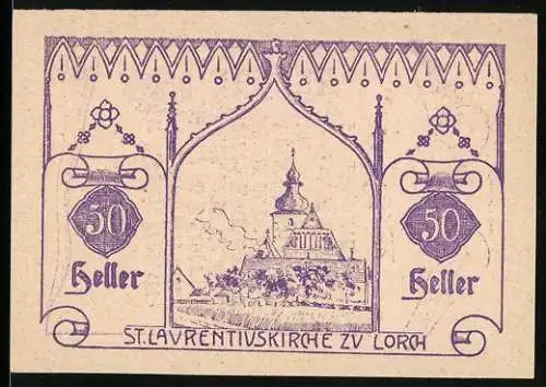 Notgeld Lorch 1920, 50 Heller, St. Laurentiuskirche-Motiv mit Schriftrolle