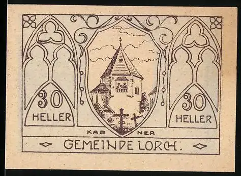 Notgeld Lorch 1920, 30 Heller, Kirche und Inschrift auf Steinsäule