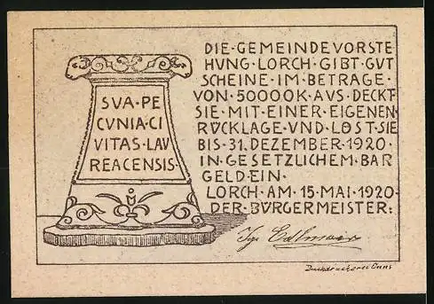 Notgeld Lorch 1920, 30 Heller, Kirche und Inschrift auf Steinsäule