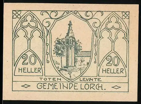 Notgeld Lorch 1920, 20 Heller, Totensaule und Inschrift auf Sockel