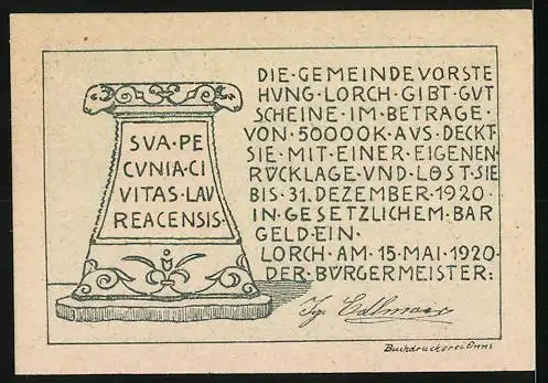 Notgeld Lorch 1920, 20 Heller, Totensaule und Inschrift auf Sockel