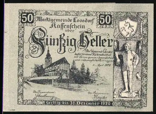 Notgeld Loosdorf 1920, 50 Heller, Kirche und Ritter mit Wappen