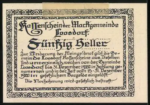 Notgeld Loosdorf 1920, 50 Heller, Kirche und Ritter mit Wappen