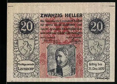 Notgeld Loosdorf 1920, 20 Heller, Porträt und Wappen, gültig bis 31. Dez. 1920