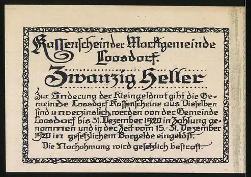 Notgeld Loosdorf 1920, 20 Heller, Porträt und Wappen, gültig bis 31. Dez. 1920