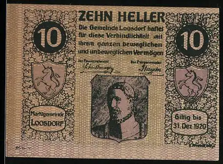 Notgeld Loosdorf 1920, 10 Heller, Porträt und Löwenwappen, gültig bis 31. Dez. 1920