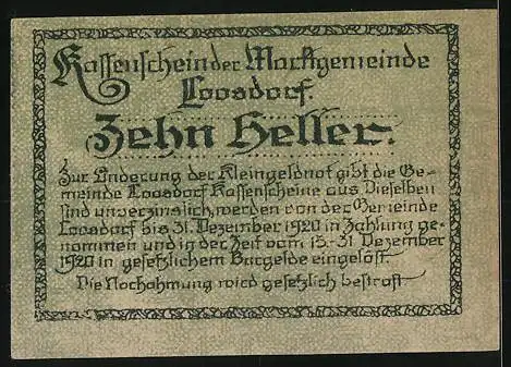 Notgeld Loosdorf 1920, 10 Heller, Porträt und Löwenwappen, gültig bis 31. Dez. 1920