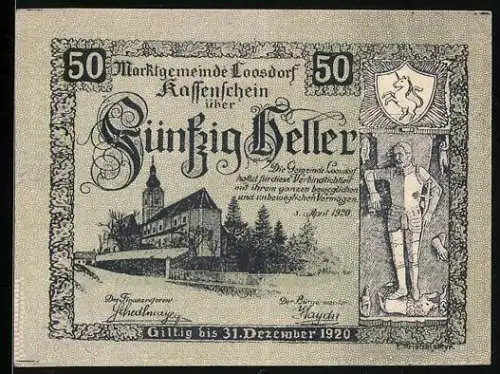 Notgeld Loosdorf 1920, 50 Heller, Landschaft mit Kirche und Ritter mit Wappen