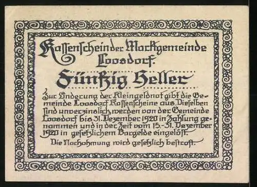 Notgeld Loosdorf 1920, 50 Heller, Landschaft mit Kirche und Ritter mit Wappen