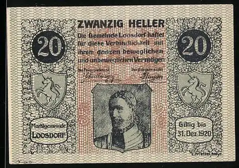 Notgeld Loosdorf 1920, 20 Heller, Porträt, Wappen der Marktgemeinde, gültig bis 31. Dezember 1920