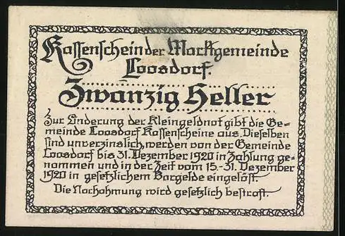 Notgeld Loosdorf 1920, 20 Heller, Porträt, Wappen der Marktgemeinde, gültig bis 31. Dezember 1920