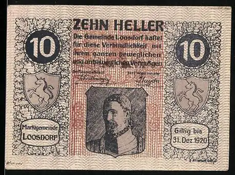 Notgeld Loosdorf 1920, 10 Heller, Porträt, Wappen und Textmuster