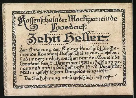 Notgeld Loosdorf 1920, 10 Heller, Porträt, Wappen und Textmuster