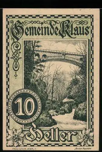 Notgeld Klaus, 10 Heller, Brücke im Wald, Wappen und florale Ornamente