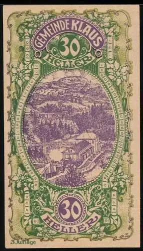 Notgeld Klaus 1920, 30 Heller, Landschaftsmotiv mit Gebäuden, violett-grüne Gestaltung