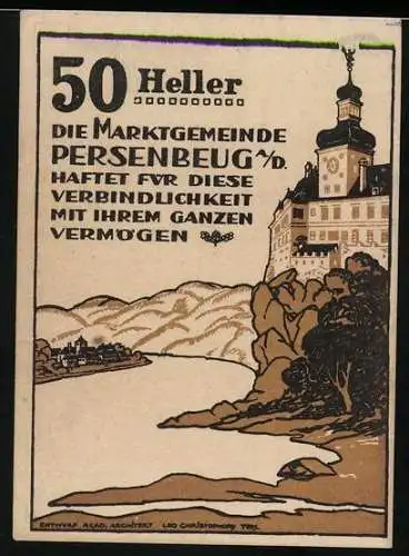 Notgeld Persenbeug 1920, 50 Heller, Schlossansicht und verzierte Schrift mit Wappen