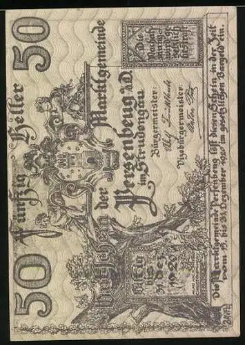 Notgeld Persenbeug 1920, 50 Heller, Schlossansicht und verzierte Schrift mit Wappen