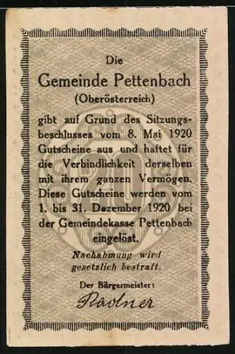 Notgeld Pettenbach 1920, 20 Heller, Heiligenleithen mit Kirche und Bergkulisse