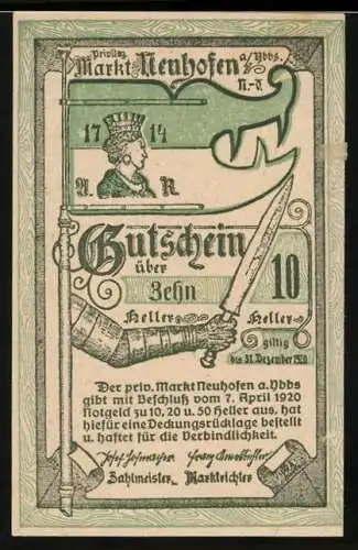 Notgeld Neuhofen 1920, 10 Heller, Herzog mit Schwert und Wappen, Erb-Markts-Freiyung 1713