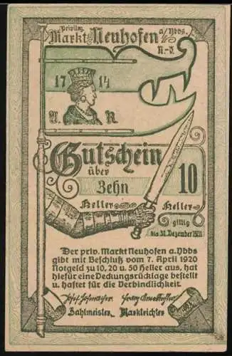 Notgeld Neuhofen 1920, 10 Heller, Ritterrüstung mit Schwert, Wappen und Inschrift über Marktsverleihung