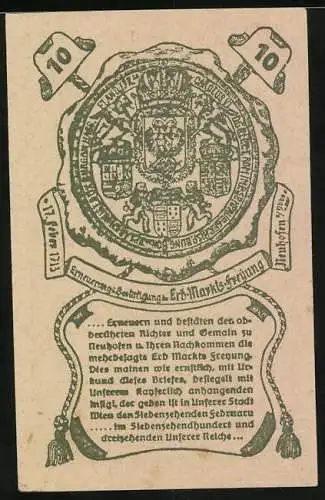 Notgeld Neuhofen 1920, 10 Heller, Ritterrüstung mit Schwert, Wappen und Inschrift über Marktsverleihung