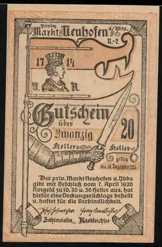 Notgeld Neuhofen 1920, 20 Heller, Ritter mit Schwert und Wappenornamentik