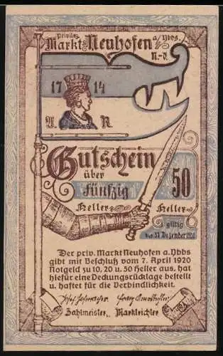 Notgeld Neuhofen an der Ybbs 1920, 50 Heller, Königin-Motiv, Schwert und Wappen