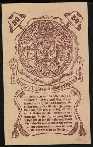 Notgeld Neuhofen an der Ybbs 1920, 50 Heller, Königin-Motiv, Schwert und Wappen