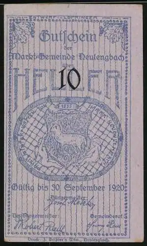 Notgeld Neulengbach 1920, 10 Heller, Rathaus und Wappenschild mit Schaf und Netzmotiv