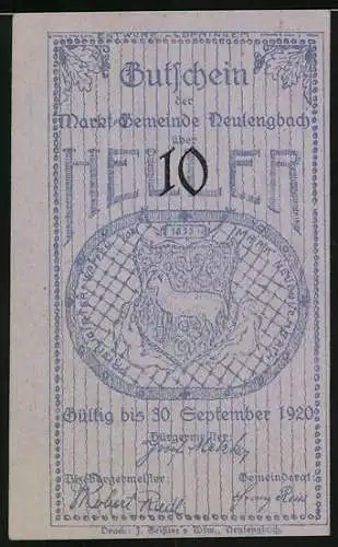 Notgeld Neulengbach 1920, 10 Heller, Rathaus mit Turm und Wappen von 1635