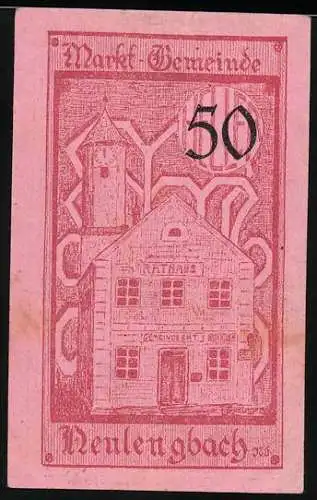 Notgeld Neulengbach 1920, 50 Heller, Rathaus und Wappen, gültig bis 30. September 1920