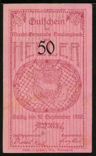 Notgeld Neulengbach 1920, 50 Heller, Rathaus und Wappen, gültig bis 30. September 1920