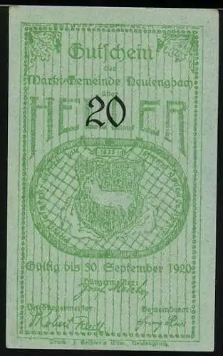 Notgeld Neulengbach 1920, 20 Heller, Rathaus und Wasserturm, Stadtwappen mit Hirsch