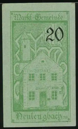 Notgeld Neulengbach 1920, 20 Heller, Rathaus und Wasserturm, Stadtwappen mit Hirsch