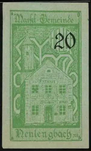 Notgeld Neulengbach 1920, 20 Heller, Rathaus und Turm, Wappen und Gültigkeitsdatum