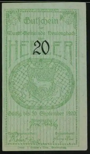 Notgeld Neulengbach 1920, 20 Heller, Rathaus und Turm, Wappen und Gültigkeitsdatum