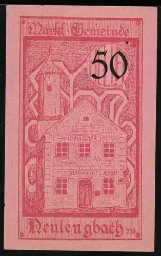 Notgeld Neulengbach 1920, 50 Heller, Rathaus und Turm, Wappen im Hintergrund