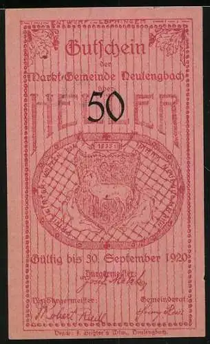 Notgeld Neulengbach 1920, 50 Heller, Rathaus und Turm, Wappen im Hintergrund