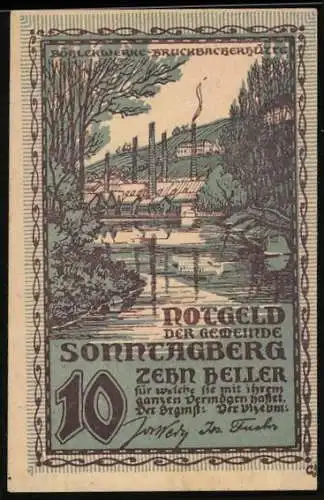 Notgeld Sonntagberg 1920, 10 Heller, Industrielandschaft mit Fluss und Bäumen