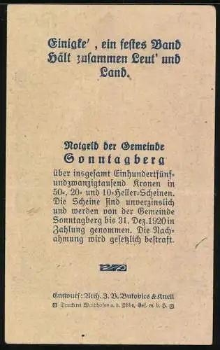 Notgeld Sonntagberg 1920, 50 Heller, Landschaft mit Burgansicht