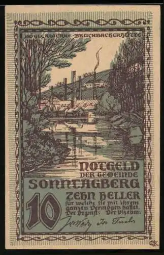 Notgeld Sonntagberg, 10 Heller, Landschaft mit Fluss und Fabrik, Spruch auf Rückseite