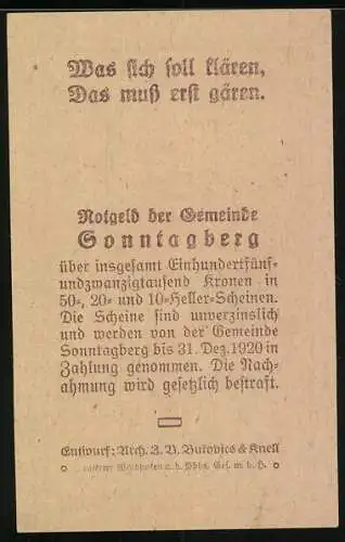 Notgeld Sonntagberg, 10 Heller, Landschaft mit Fluss und Fabrik, Spruch auf Rückseite