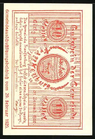 Notgeld Frankenburg 1920, 10 Heller, Wappen und Landschaftsmotiv