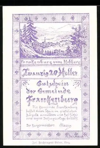 Notgeld Frankenburg 1920, 20 Heller, Landschaftsmotiv und Wappen der Gemeinde Frankenburg