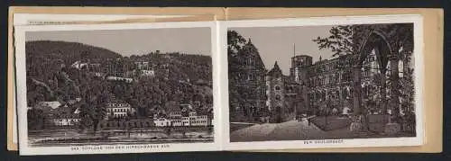 Leporello-Album 16 Lithographie-Ansichten Heidelberg, Kais. Postamt, Universität, Bergbahn, Haus zum Ritter, Schloss