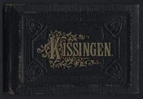 Leporello-Album 16 Lithographie-Ansichten Bad Kissingen, Saline, Bahnhof mit Bodenlaube, Kurhausstr., Casino, Kurhaus