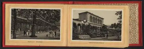 Leporello-Album 19 Lithographie-Ansichten Bad Kissingen, Bahnhof mit Bodenlaube, Saline, Kurhausstr., Casino, Denkmäler