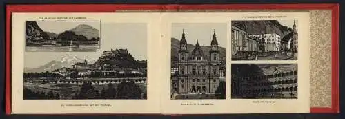 Leporello-Album 30 Lithographie-Ansichten Salzburg, Drahtseilbahn, Hotel Gaisbergspitze, Bahnhof Parsch, Schloss Aigen