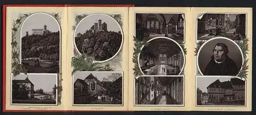 Leporello-Album 20 Lithographie-Ansichten Wartburg, Eisenach, Ritterhof, Lutherhaus, Lutherstube, Drachenschlucht