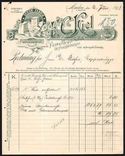 Rechnung Minden in Westfalen 1898, F. C. Kiel, Seifen-Fabrik, Produktansicht und Fabrikmarke mit Schwan